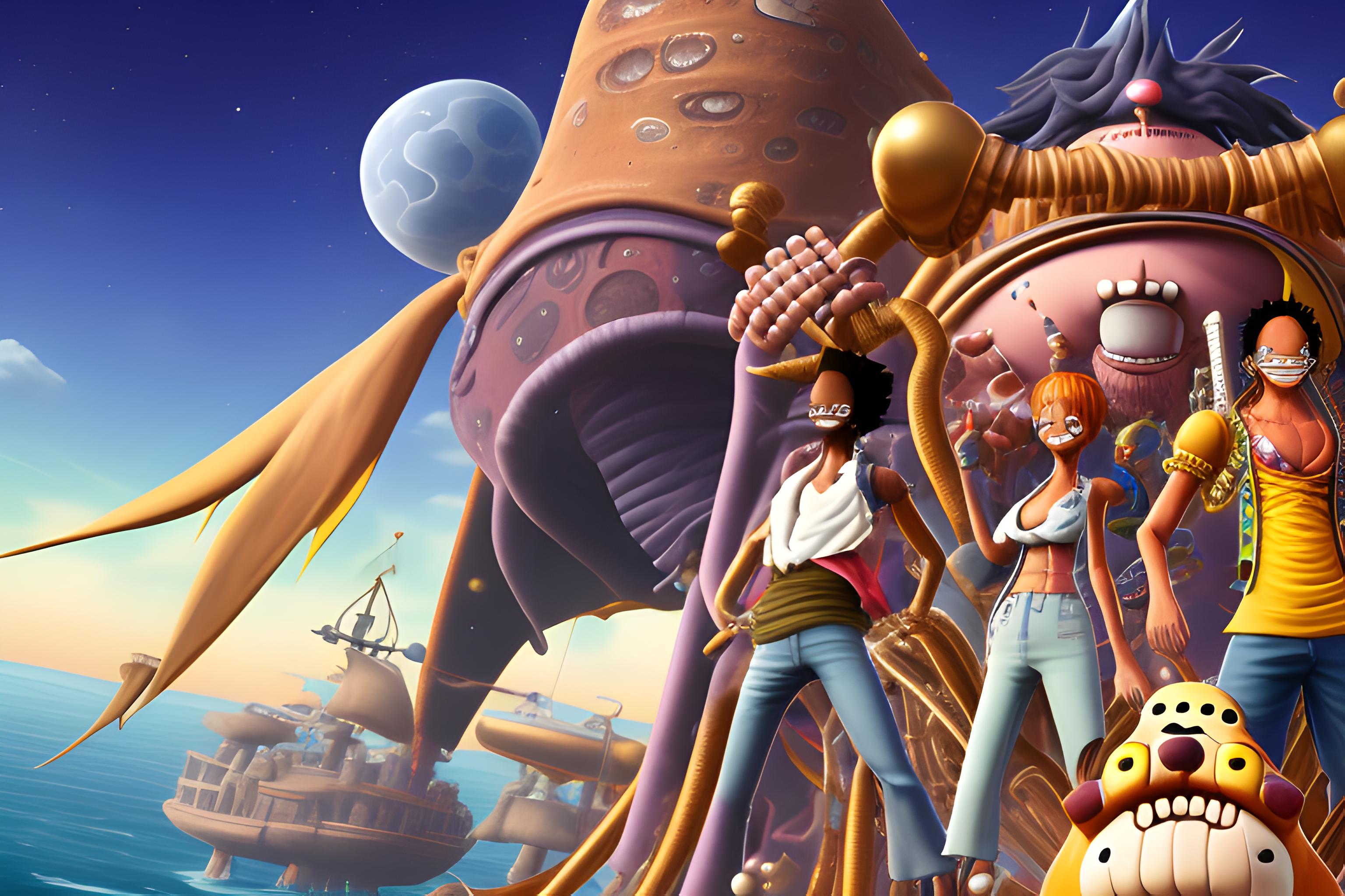 De nuit, Geno de l'univers Fortnite dans le ciel regardant les héros Jonesy, Hope, la fondation et le personnage Luffy de l'univers de One piece sur son bateau